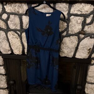 LOFT Blue and Black Floral Midi Dress